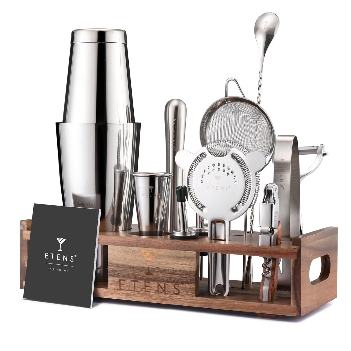 Etens premium 15-piece mixology kit with wooden stand for organized home bar setup.