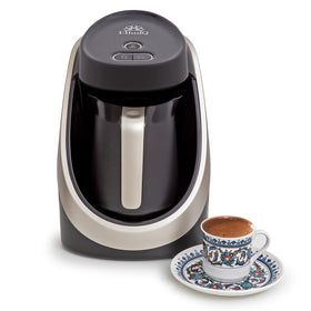 ETHNIQ Turkish Coffee Maker foamy cup close-up showing rich crema