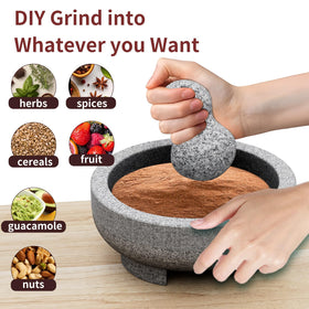 Etholive granite mortar with deep groove design reduces splatter during grinding.