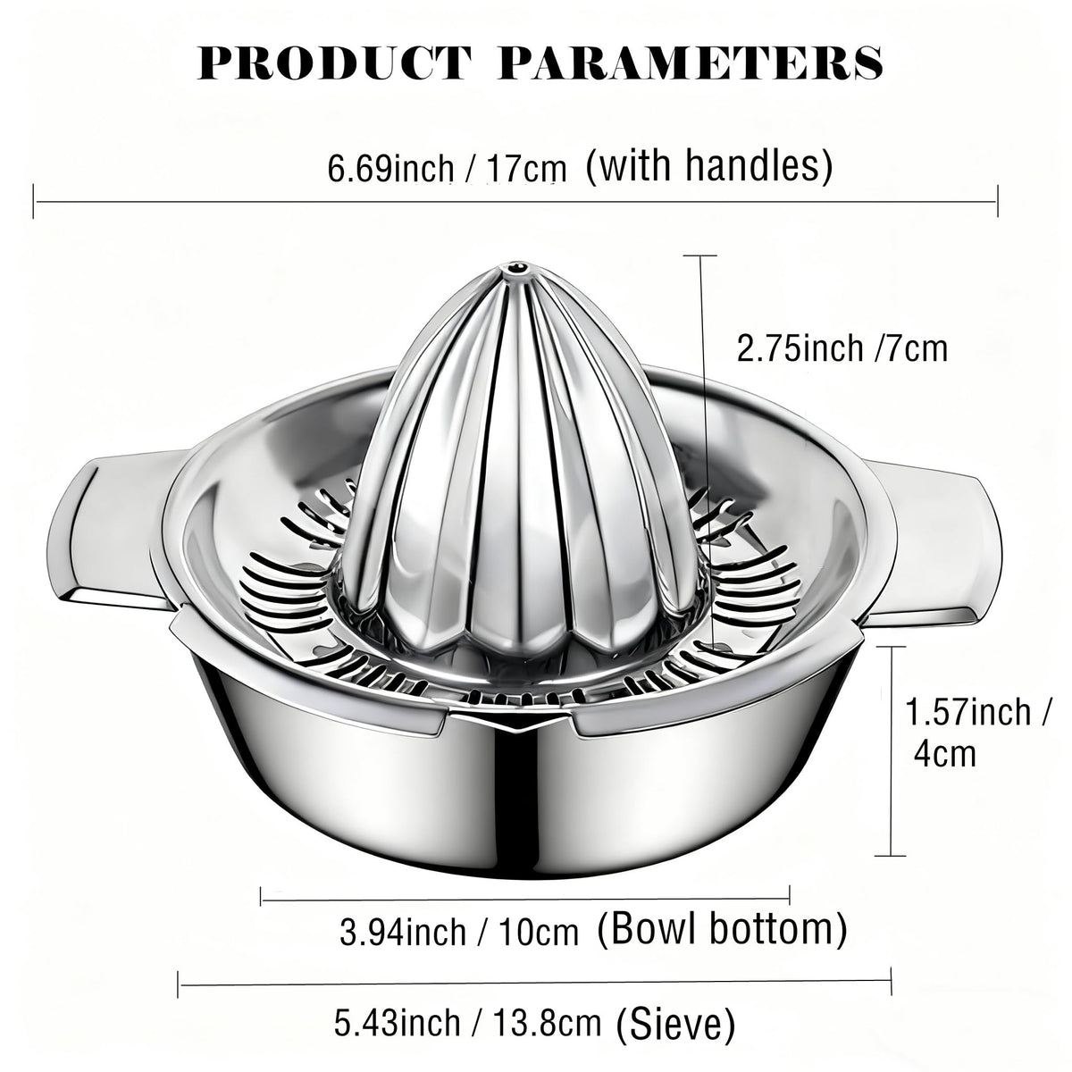 Etinslant strainer bowl assembly filters pulp for smooth juice.