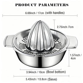 Etinslant strainer bowl assembly filters pulp for smooth juice.