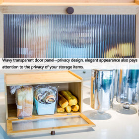 ETMI bamboo bread box side view blends with kitchen decor and warmth