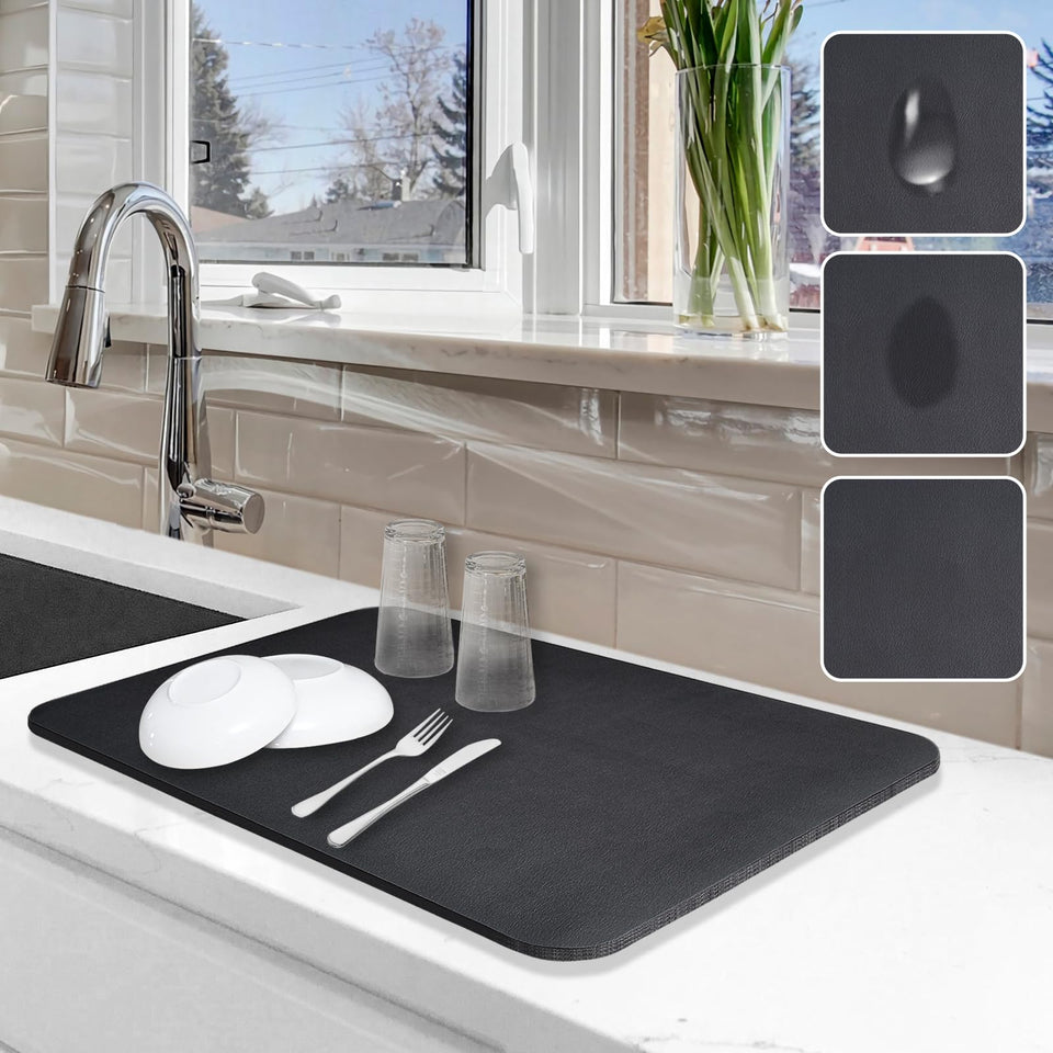 Etomiel dish drying mat in black, top view with cups drying for tidy counters.