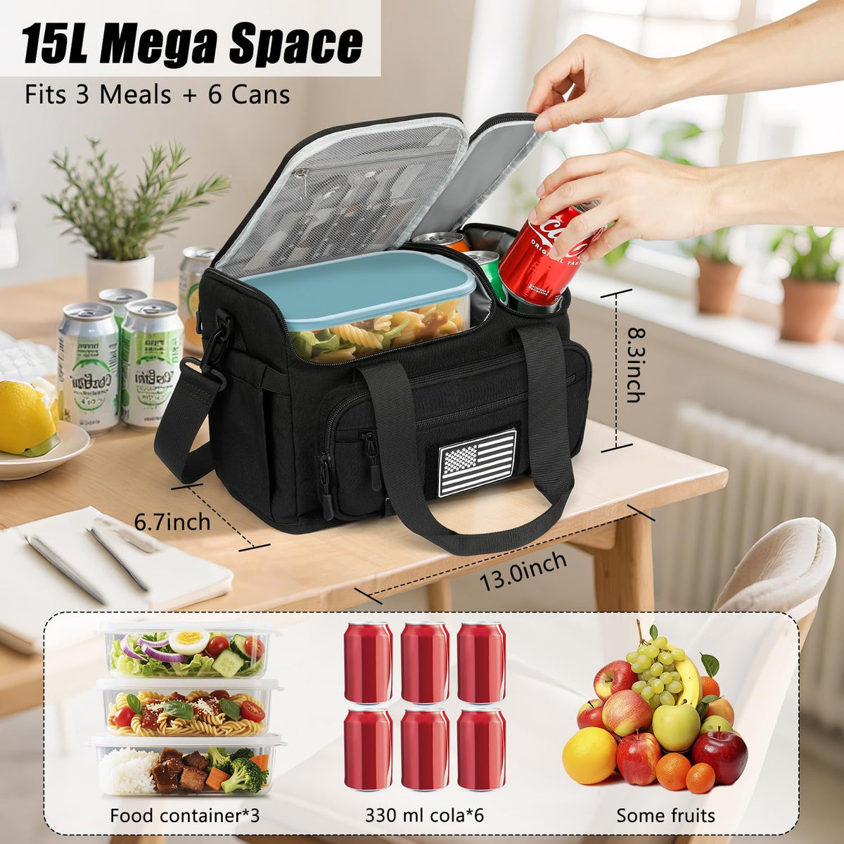 ETRONIK 15L capacity with multiple pockets keeps meals organized.
