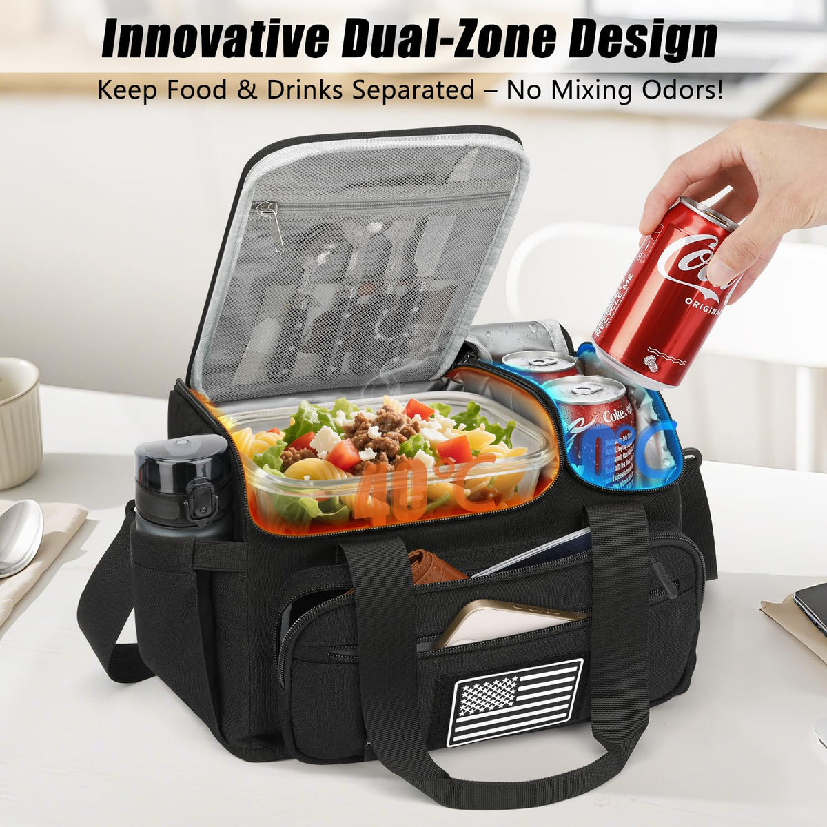 ETRONIK Tactical Lunch Bag dual compartments keep hot and cold foods separated.