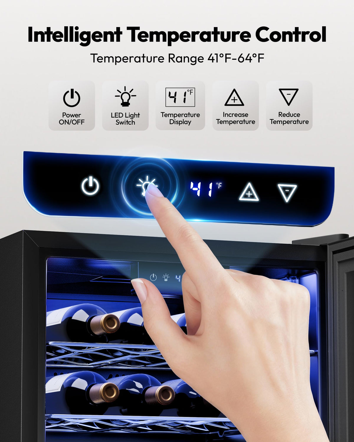EUHOMY 25-bottle wine cooler double-glass door protects contents from UV while showcasing the collection.