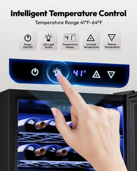 EUHOMY 25-bottle wine cooler double-glass door protects contents from UV while showcasing the collection.