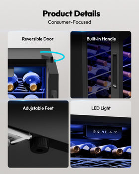 EUHOMY 25-bottle unit interior lighting highlights labels while preserving wine ambiance.