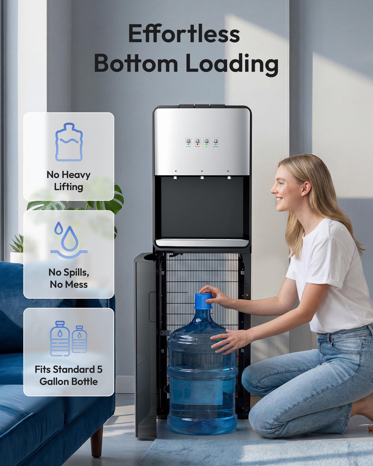 Euhomy bottom-loading bottle refill minimizes lifting and back strain.