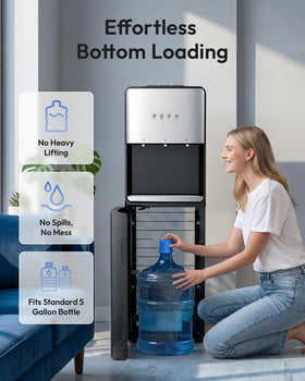 Euhomy bottom-loading bottle refill minimizes lifting and back strain.
