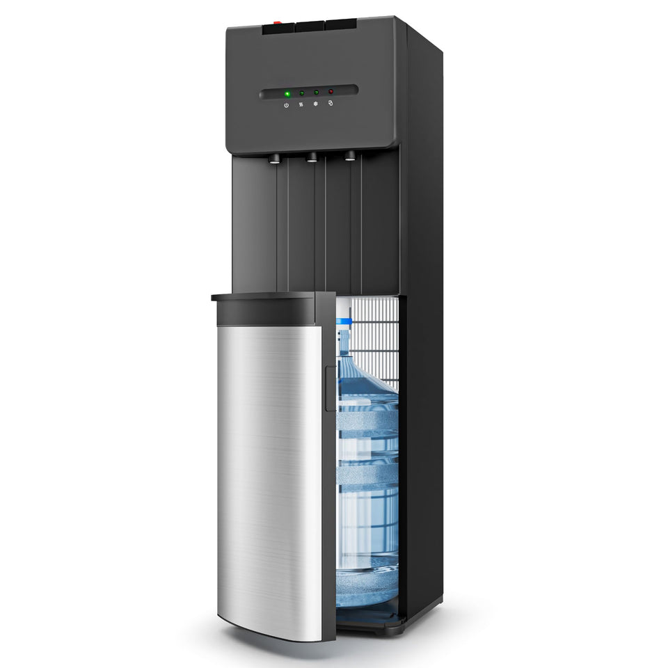 EUHOMY bottom-loading dispenser front panel with three spouts for easy temperature control.