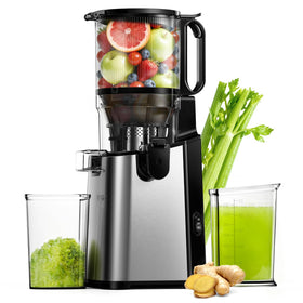 EUHOMY juicer with 5.8-inch wide feed chute for whole produce and faster prep.