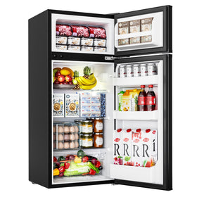 EUHOMY mini fridge with freezer in dorm setup, compact storage for snacks and beverages