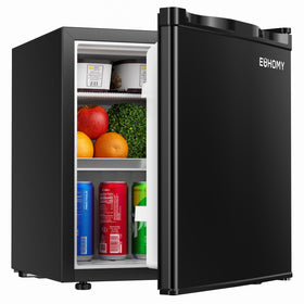 EUHOMY mini fridge front view highlights compact profile for desks.