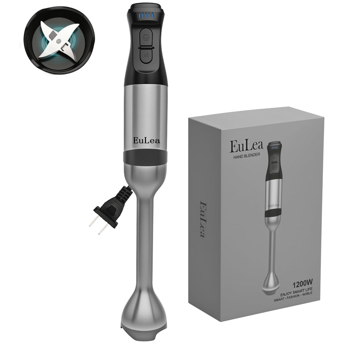 EuLea immersion hand blender 1200W head in action for smooth soups.