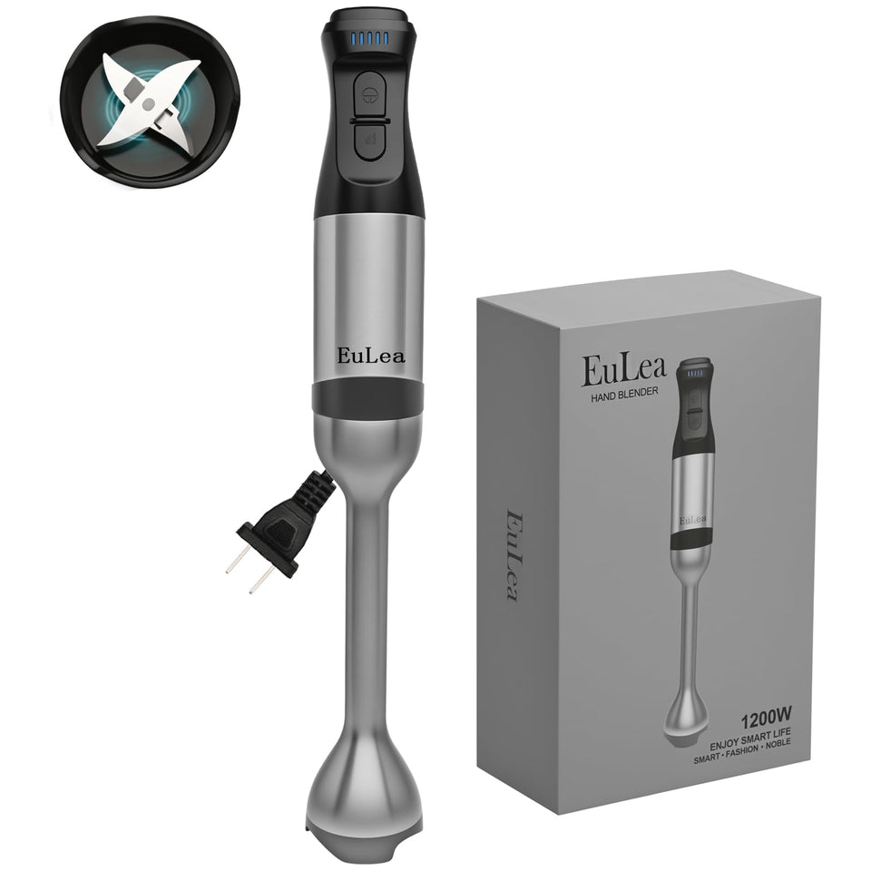 EuLea immersion hand blender 1200W head in action for smooth soups.