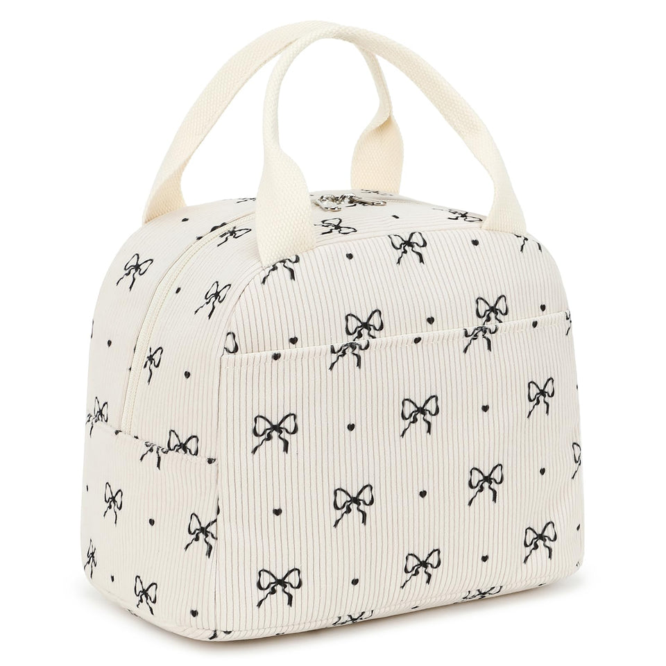 EurCross Cute Bow Tie Lunch Bag in ivory, front view with bow detail for school days.