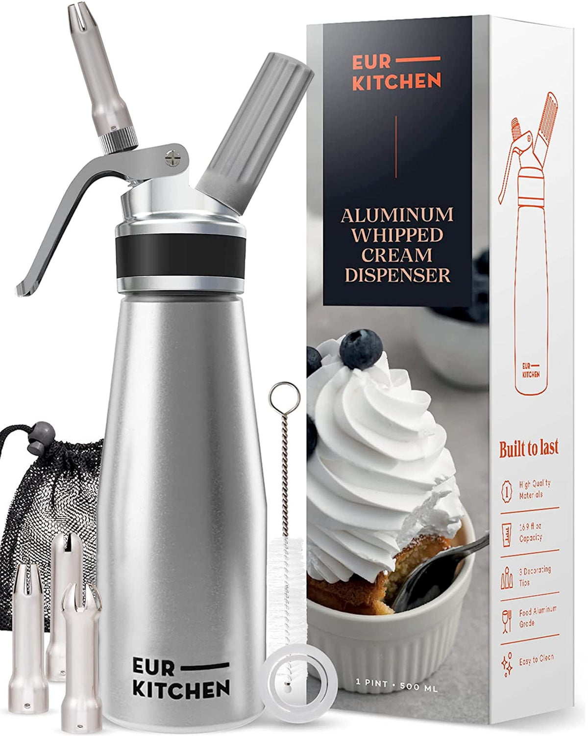 EurKitchen professional aluminum whipped cream dispenser for silky toppings