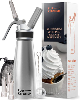 EurKitchen professional aluminum whipped cream dispenser for silky toppings