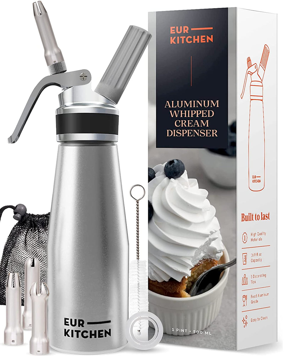EurKitchen professional aluminum whipped cream dispenser for silky toppings