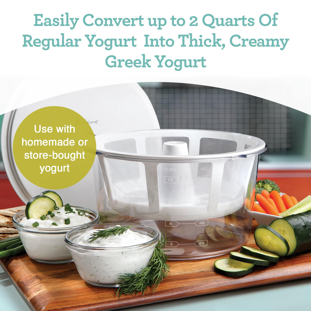 Euro Cuisine GY50 patented design label highlights the strainer basket.