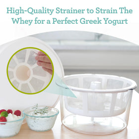 Euro Cuisine GY50 yogurt being strained into thick, creamy Greek yogurt.