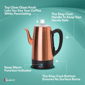 Euro Cuisine PER12 keep-warm function keeps coffee hot for later enjoyment.