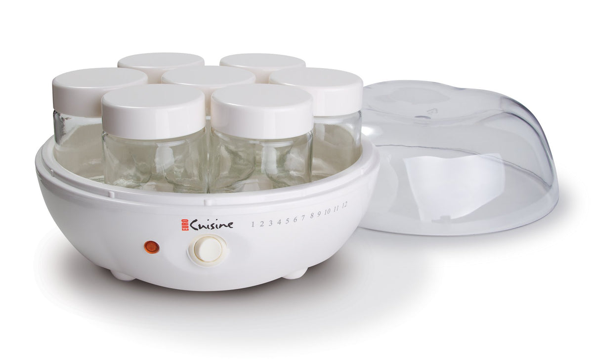Euro Cuisine YM80 glass jars with BPA-free lids for airtight refrigeration.