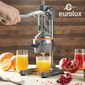 Eurolux lever-action juicer close-up demonstrates mechanical leverage for easier pressure.