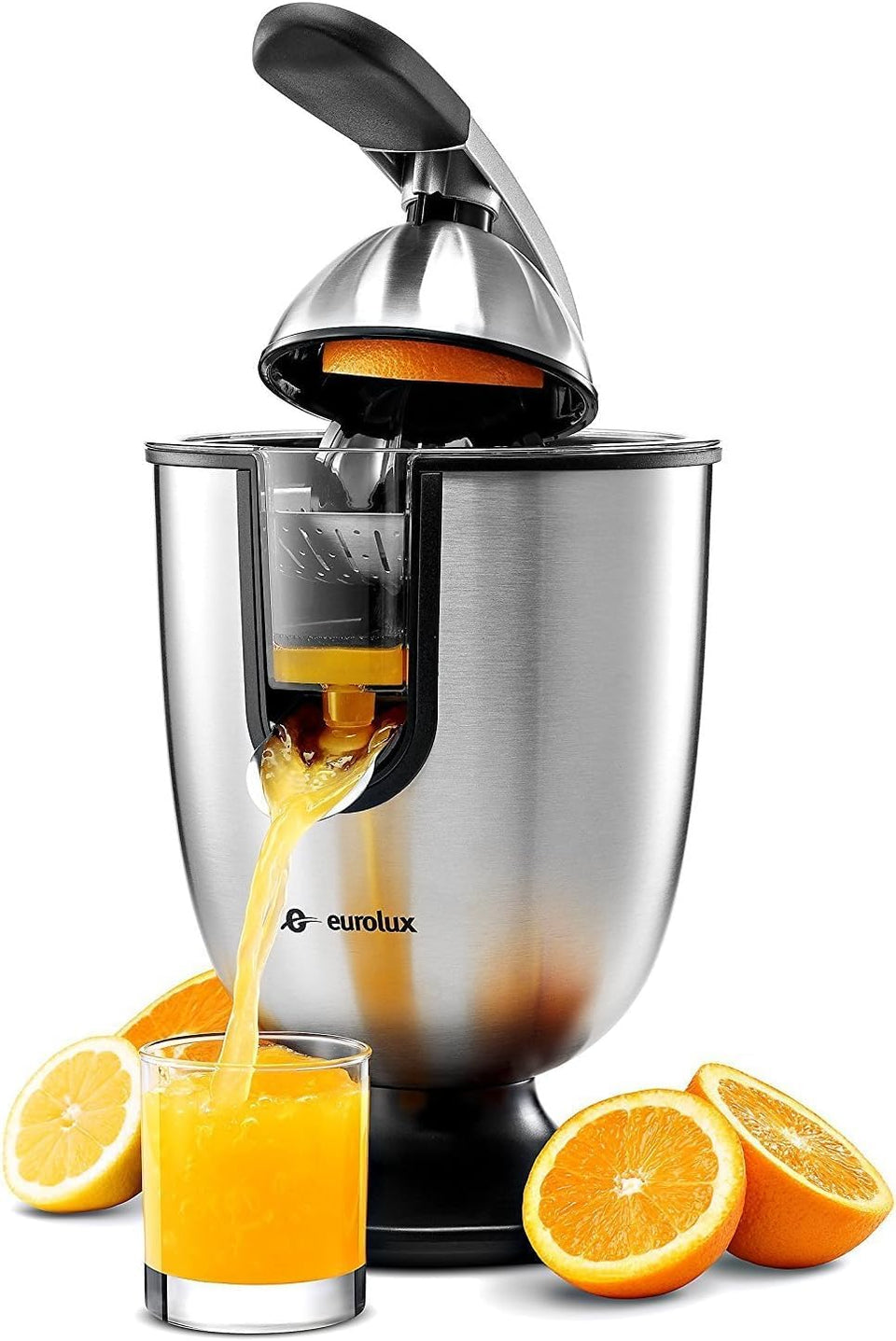 Eurolux Premium Electric Orange Juicer cover shows a stylish stainless steel finish.