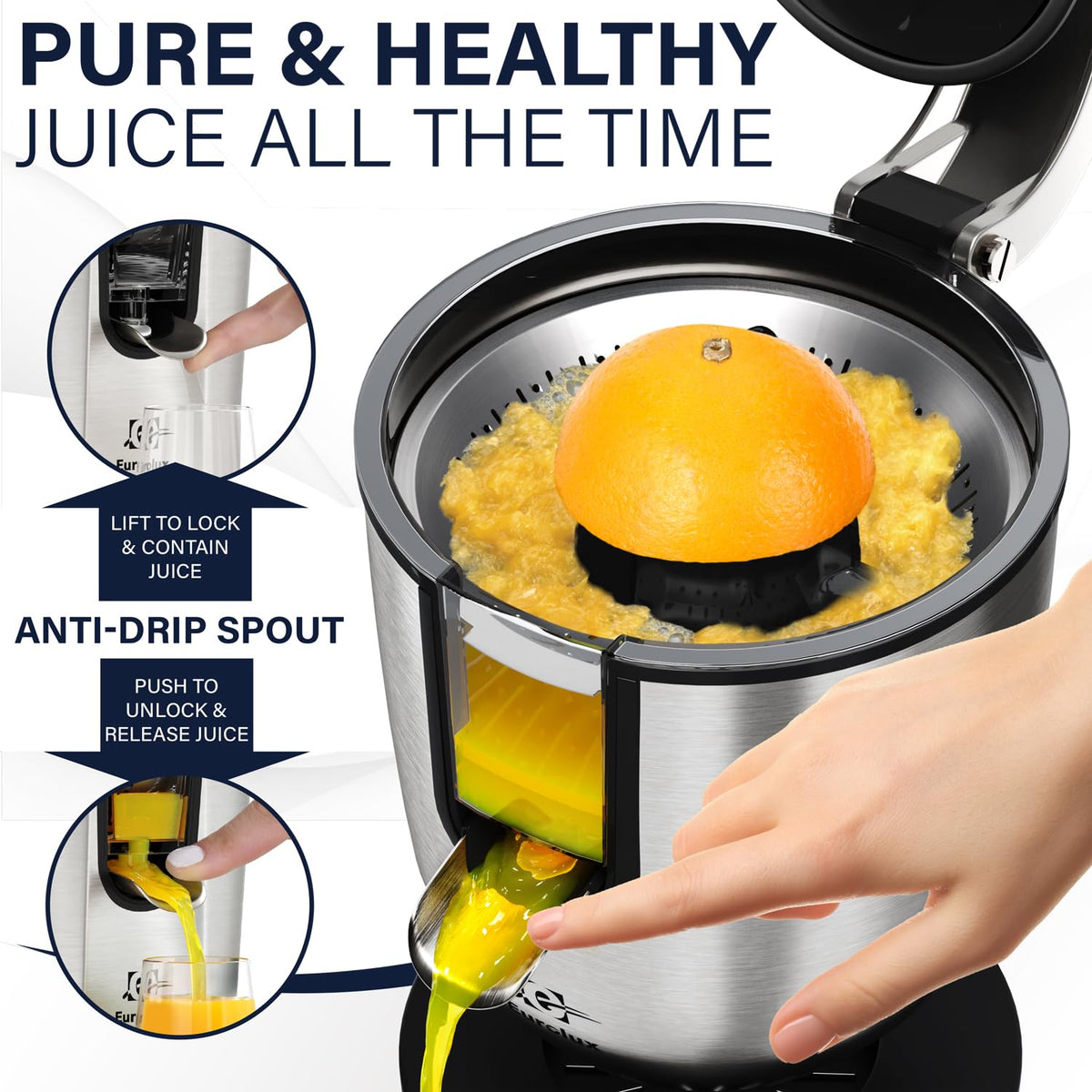 Eurolux juicer motor detail highlights power and efficiency for quick juice.
