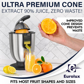 Eurolux juicer stainless steel body elevates kitchen aesthetics and durability.