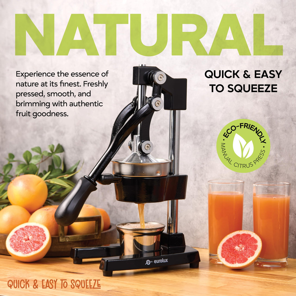 Eurolux lever-action juicer in use for efficient squeezing.
