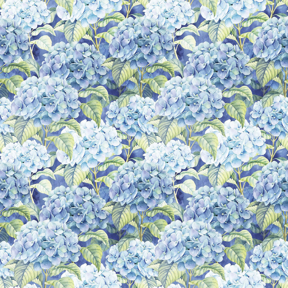 Close-up of hydrangea pattern highlights delicate blue petals and 3-ply texture.