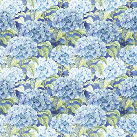 Close-up of hydrangea pattern highlights delicate blue petals and 3-ply texture.