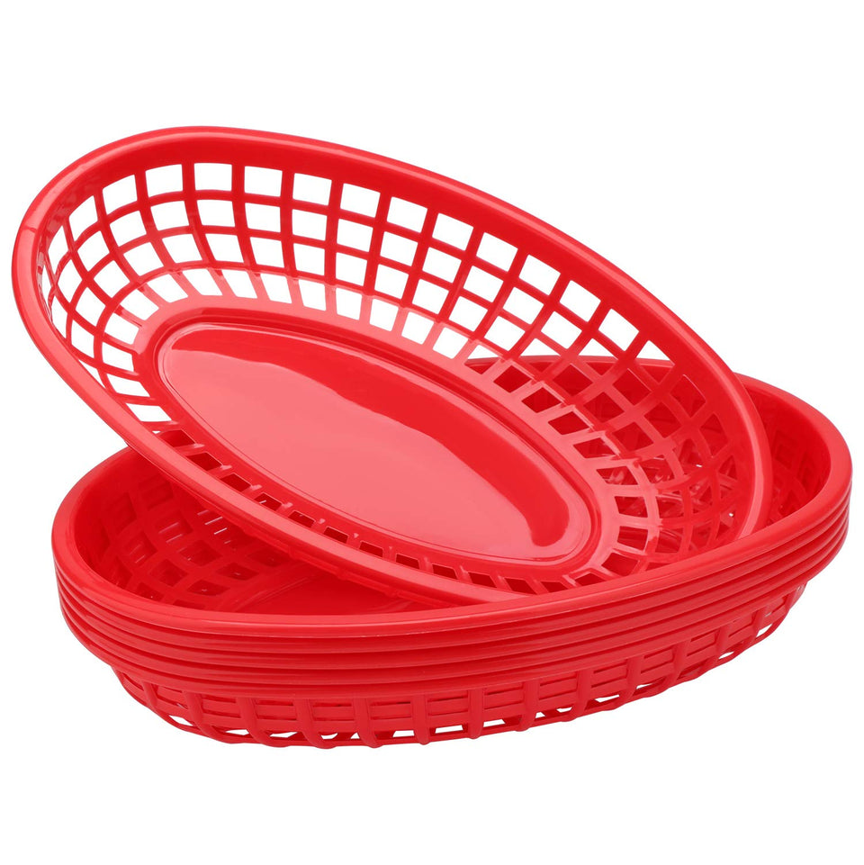 EUSOAR red oval plastic basket ready for burgers and fries in casual dining
