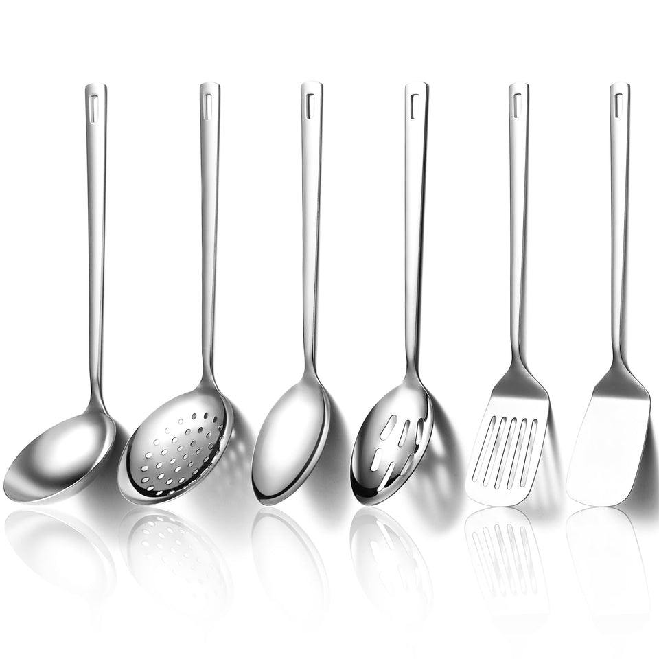Evanda 6-piece utensils with slotted spoon for draining soups and sauces.