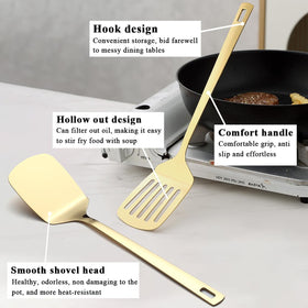 Evanda Gold skimmer with smooth edges protects nonstick cookware