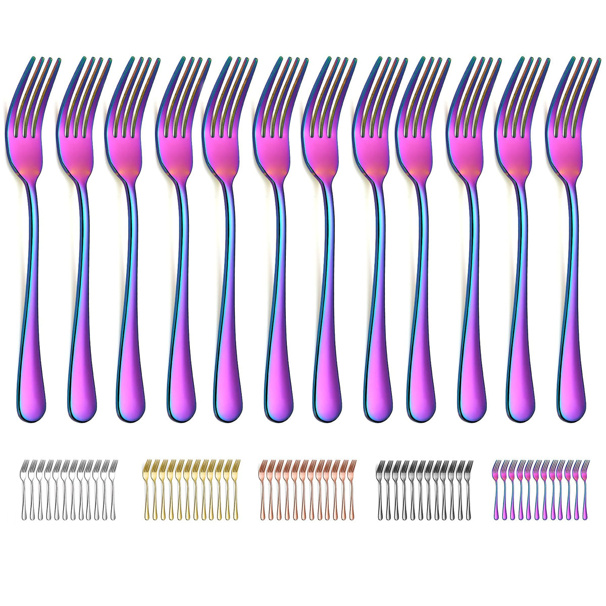 Evanda Rainbow dinner forks, 12-piece set with rainbow titanium finish for elegant meals.