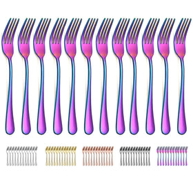 Evanda Rainbow dinner forks, 12-piece set with rainbow titanium finish for elegant meals.