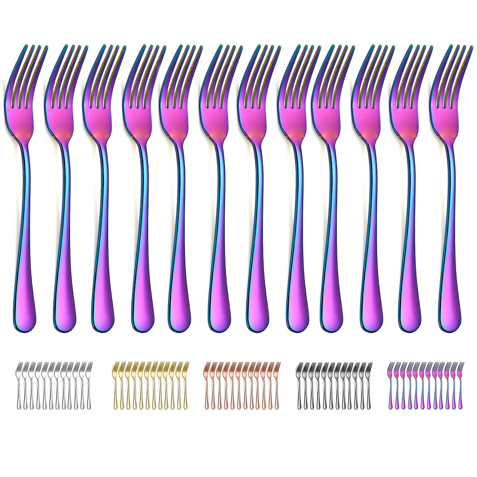 Evanda Rainbow dinner forks, 12-piece set with rainbow titanium finish for elegant meals.