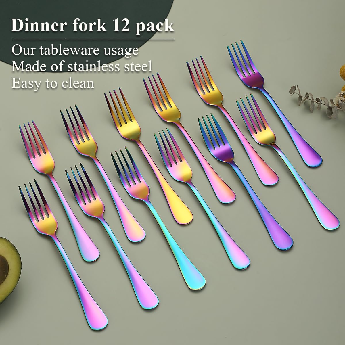 Evanda Rainbow mirror-polish stainless steel forks add shine to salads and desserts.