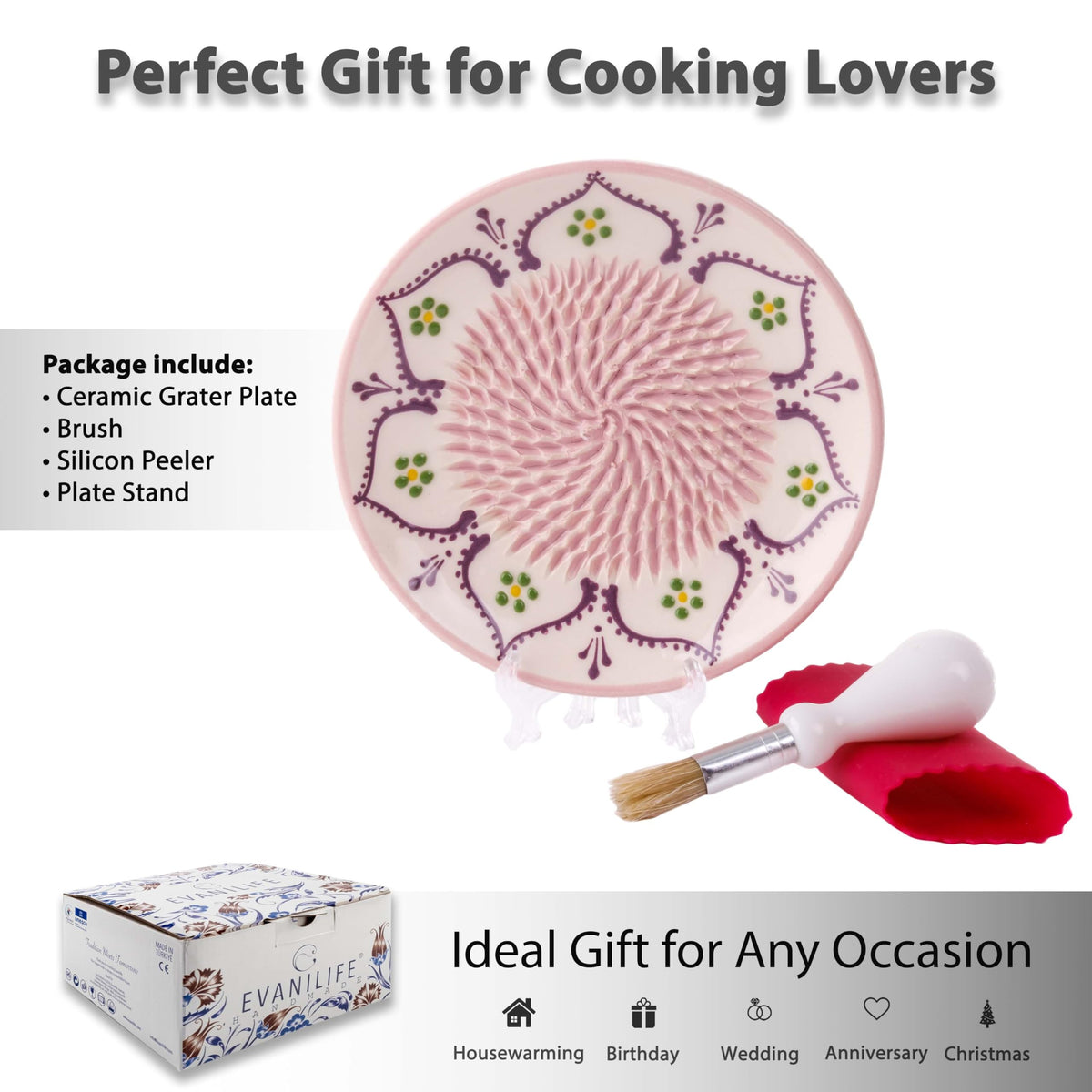 Cleaning brush included with EVANILIFE ceramic grater plate for easy maintenance