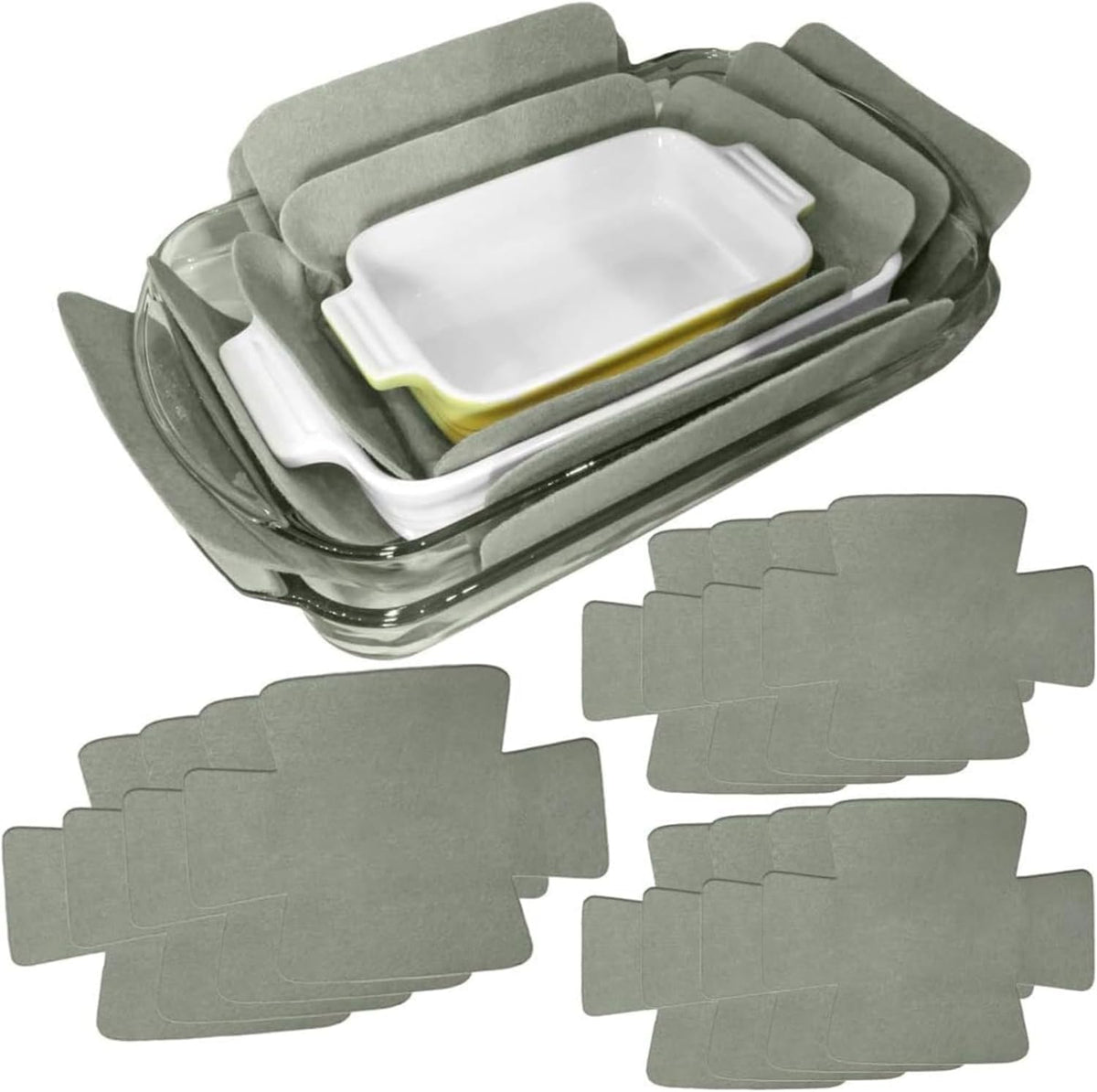 Evelots felt scratch protectors placed between pans reduce surface scratches.