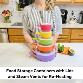 Evelots bowls with cool-touch handles for safe carrying after heating.