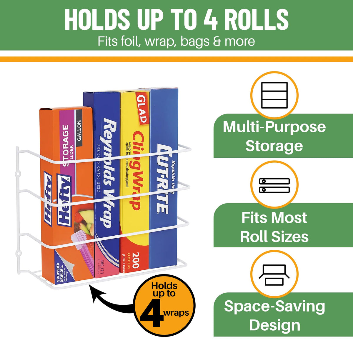 Evelots wrap organizer on cabinet door keeps foil and paper neatly organized.