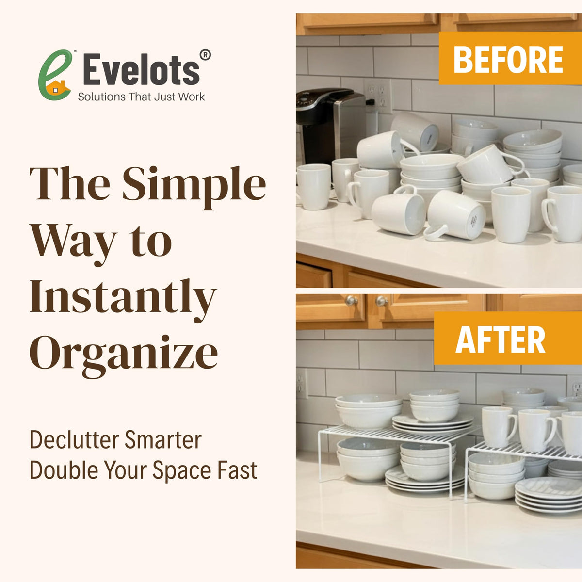 Evelots pot and pan rack maximizing cabinet space.