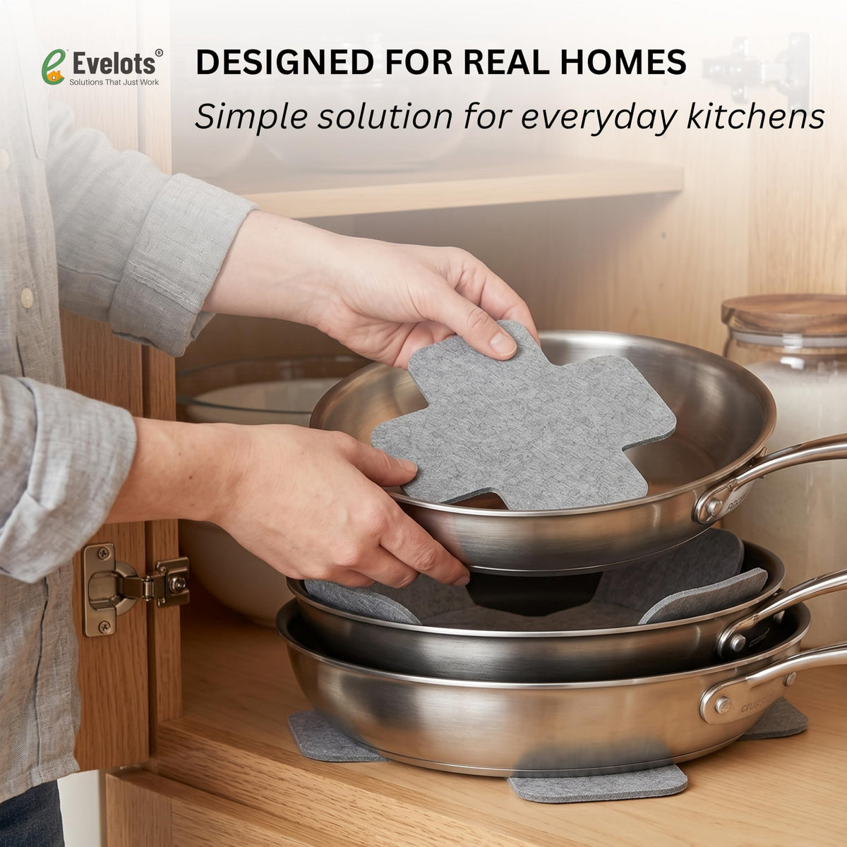 Evelots gray felt dividers soften contact between delicate dishware.