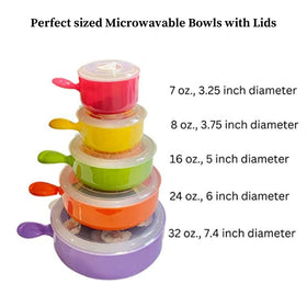 Evelots bowls with vented lids control steam during reheating and fridge storage.