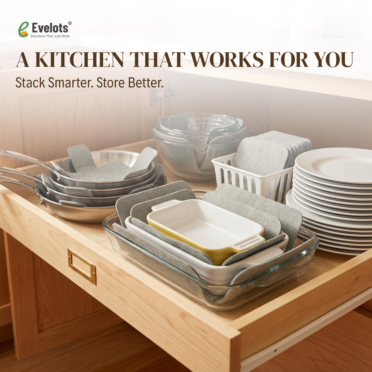Vermont-made Evelots kitchen protectors provide gentle, reusable storage support.